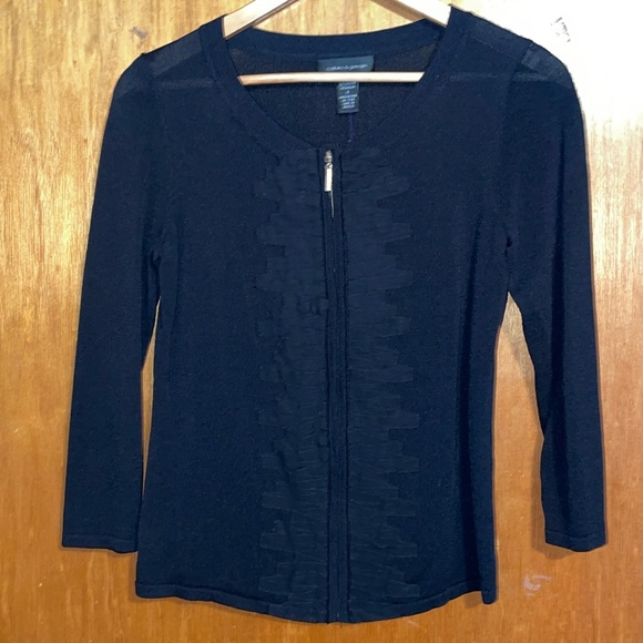 •CABLE & GAUGE•BLACK RIBBON TRIM FULL ZIP 3/4 SLEEVE KNIT CARDIGAN SIZE SMALL - Picture 3 of 6